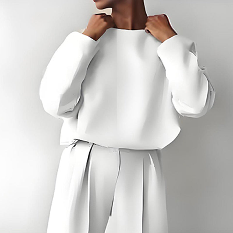 Women’s Solid Color 2-Piece Set – Long Sleeve Top & Pleated Pants Loungewear in white, showcasing elegant and comfortable style for women.
