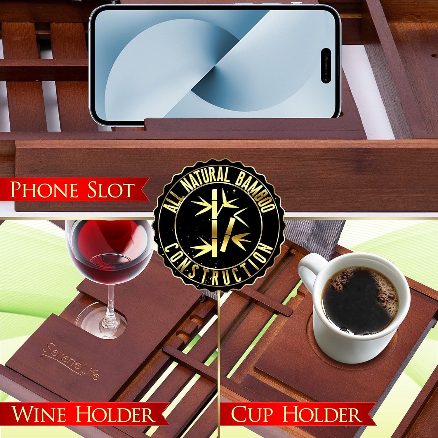 Bamboo Bathtub Caddy Tray – Expandable Waterproof Bath Tray with Wine Glass Holder, Tablet Stand & Removable Accessory Slots