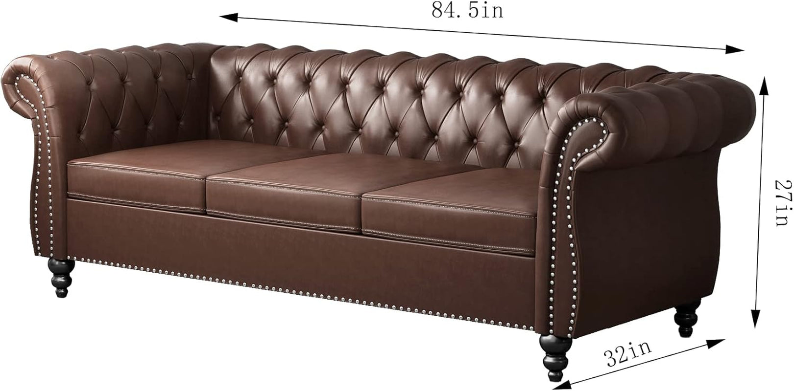 3 Piece Chesterfield Leather Living Room Set Sofa Loveseat Chair Dark Brown with Scroll Arms and Nailhead - Sofa Dimensions 84.5L x 32W x 27H