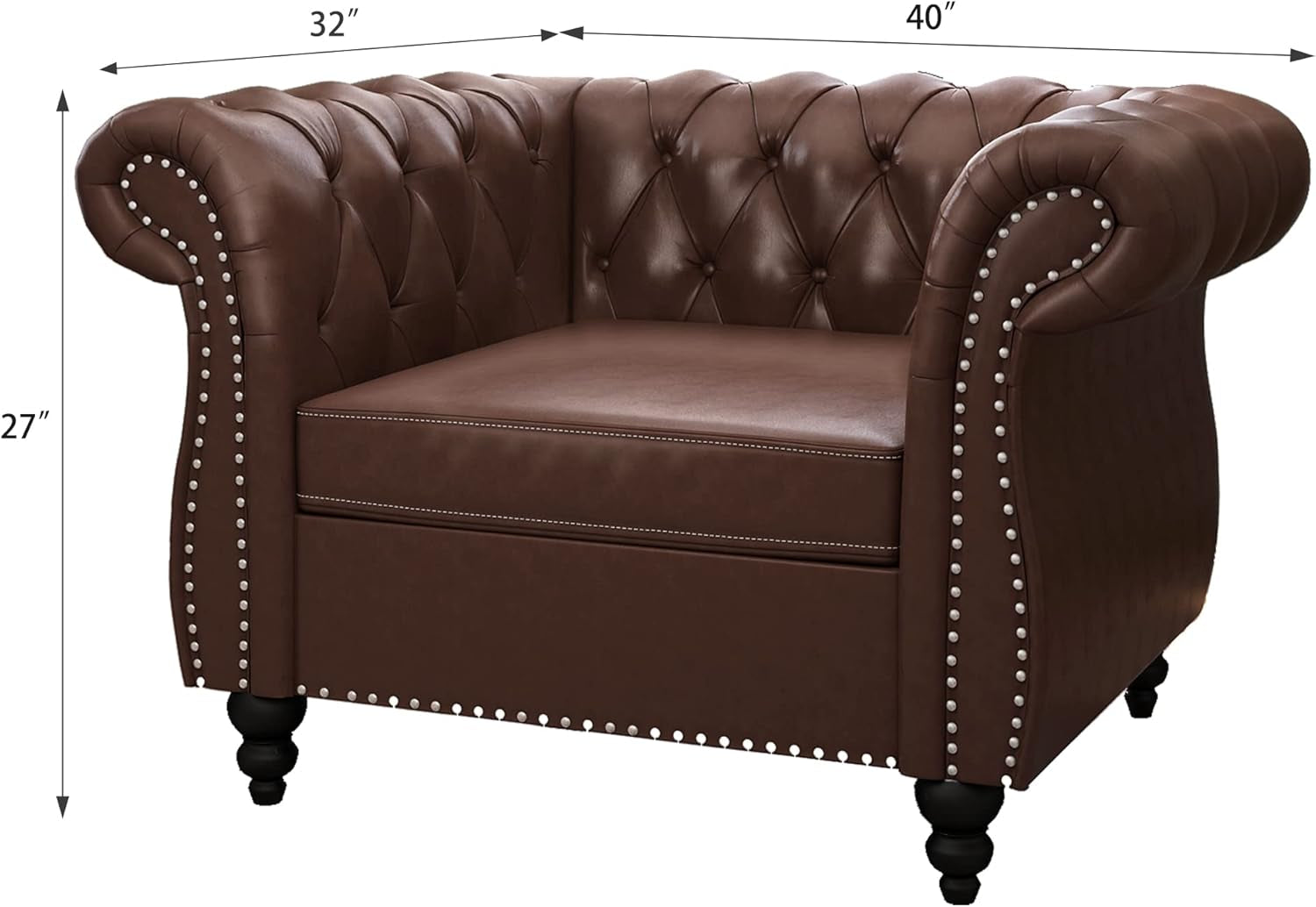 3 Piece Chesterfield Leather Living Room Set Sofa Loveseat Chair Dark Brown with Scroll Arms and Nailhead detail of chair
