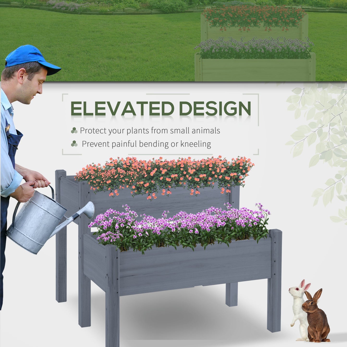 Outsunny 34'x34'x28' Raised Garden Bed, 2-Tier Elevated Wood Planter Box for Backyard, Patio to Grow Vegetables, Herbs, and Flowers, Gray