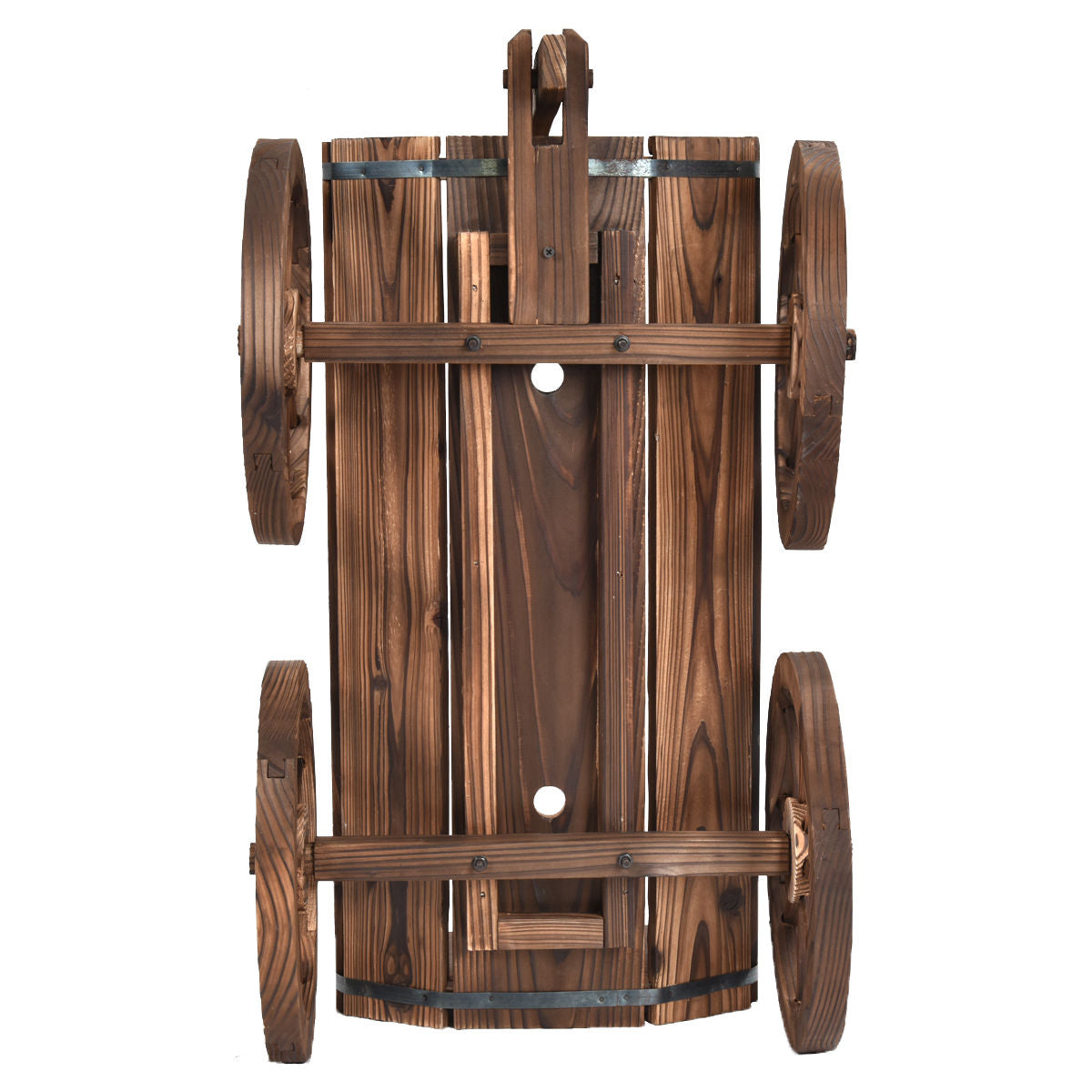 Top view of Wood Wagon Planter Pot Stand with Wheels showcasing solid Fir wood construction and rustic design for outdoor decor.