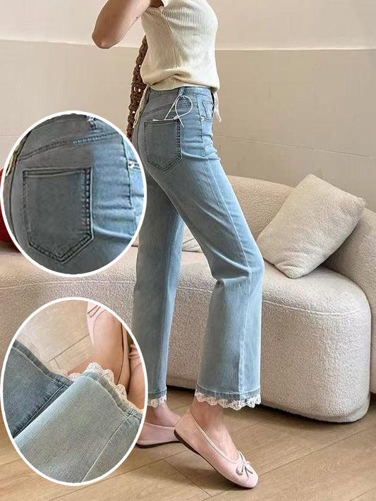 Model wearing Light Blue Micro-Flare Lace Stretch Jeans for Women with lace panels and micro-flare hem, ideal for casual or dressed-up looks.