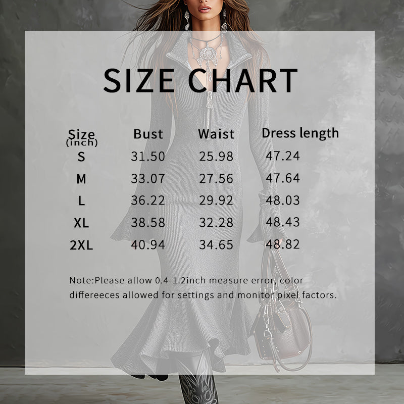 Size chart for Women's Half Zip Bodycon Dress with measurements for bust, waist, and dress length in inches from S to 2XL.