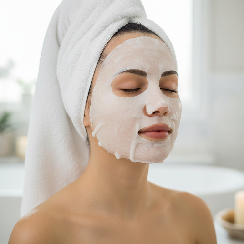 Person using a sheet mask for skincare from CHARCOAL / TOMATO DISPLAY 24 PCS - FM1DISPLAY collection in a relaxing environment.