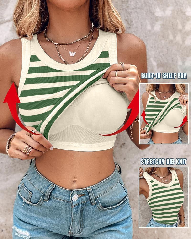 Women's Slim Striped Vest with Bralette – Chic Sleeveless Tank Top featuring built-in shelf bra and stretchy rib knit design