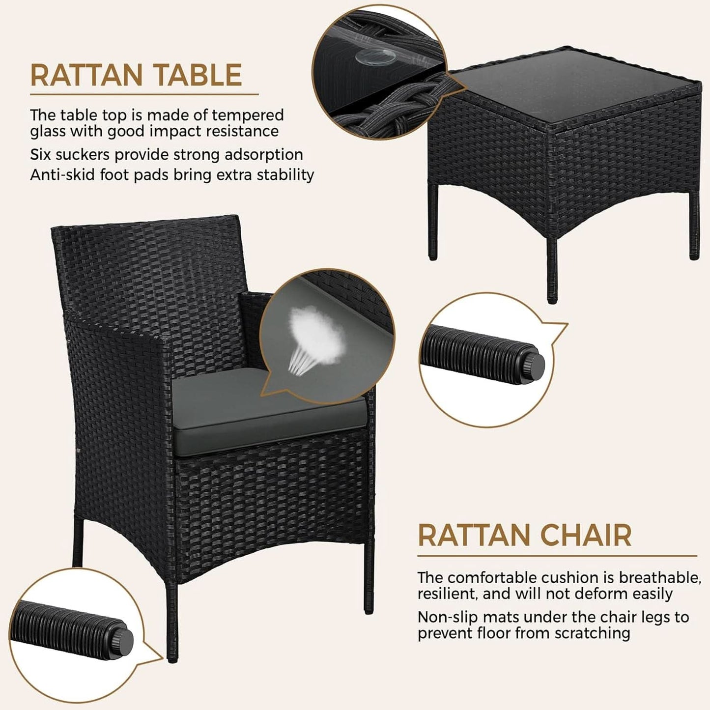 3 Piece Outdoor PE Rattan Wicker Patio Furniture Set With Soft Cushions And Glass Coffee Table