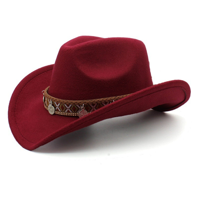 Western Charm Woolen Cowgirl Hat in wine red with a woven print band and pendant charms