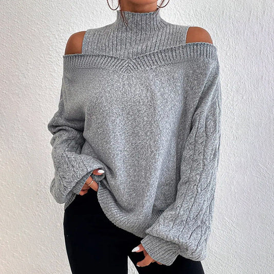 Women's Cold Shoulder Sweater - High Neck Cut Out Pullover Long Sleeve Top