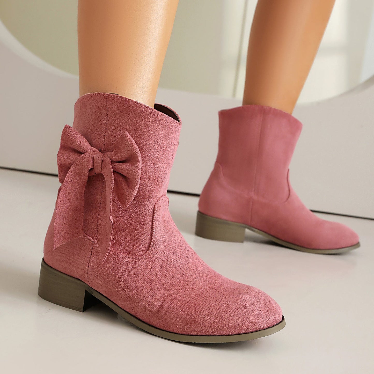 Low Heel Suede Large Size Sweet Bow Casual Boots in pink suede with bow detail perfect for everyday comfort and style.