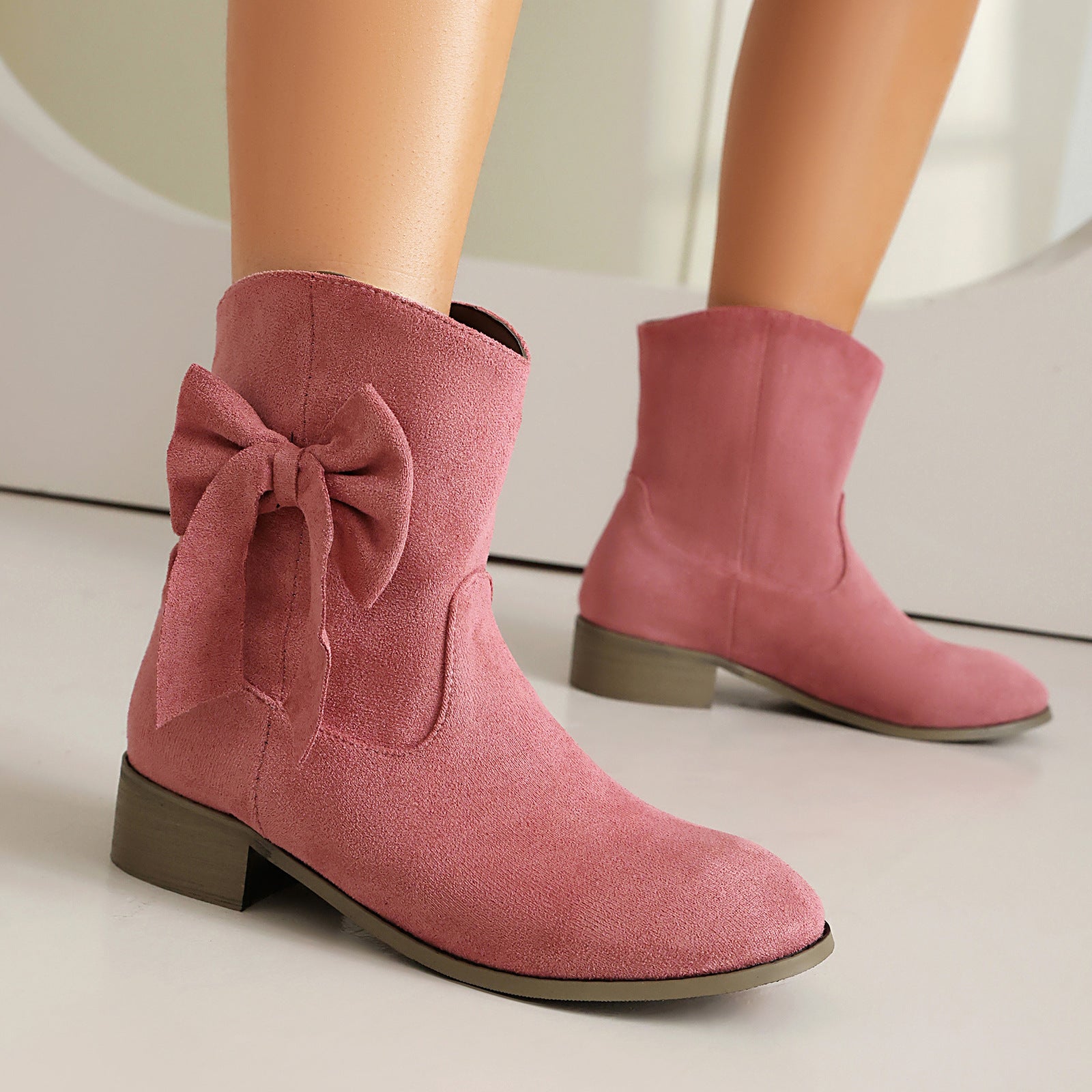 Low Heel Suede Large Size Sweet Bow Casual Boots in pink suede with bow detail perfect for everyday comfort and style.