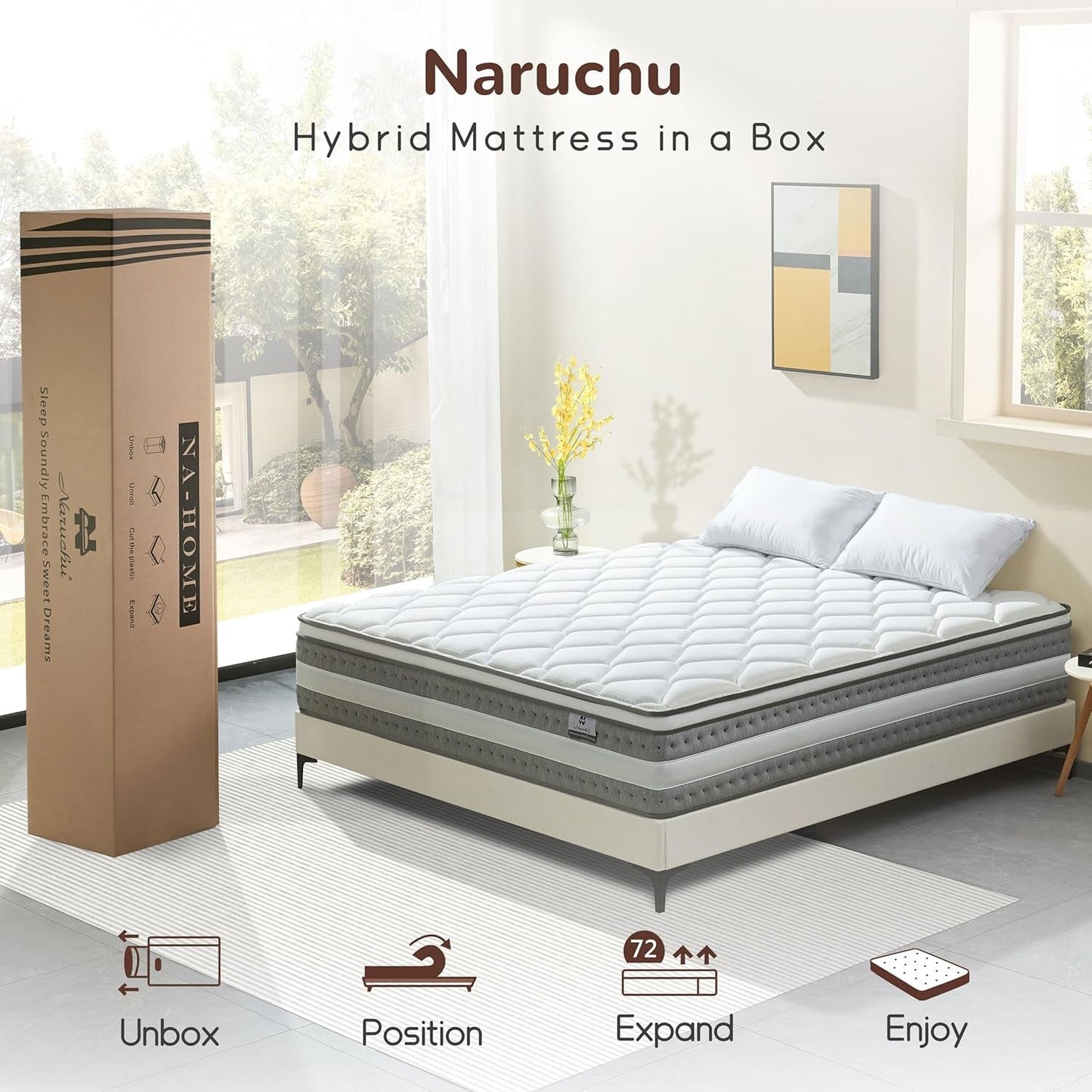 King Size Orthopaedics Hybrid Memory Foam Mattress displayed in a bedroom with packaging box beside it.