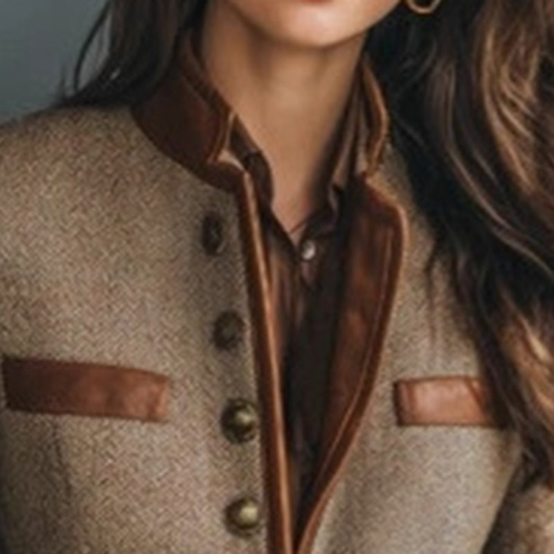 Close-up of Women's Retro Elegant Jacket showcasing stand collar, color-block design, and button-front closure for a sophisticated look.