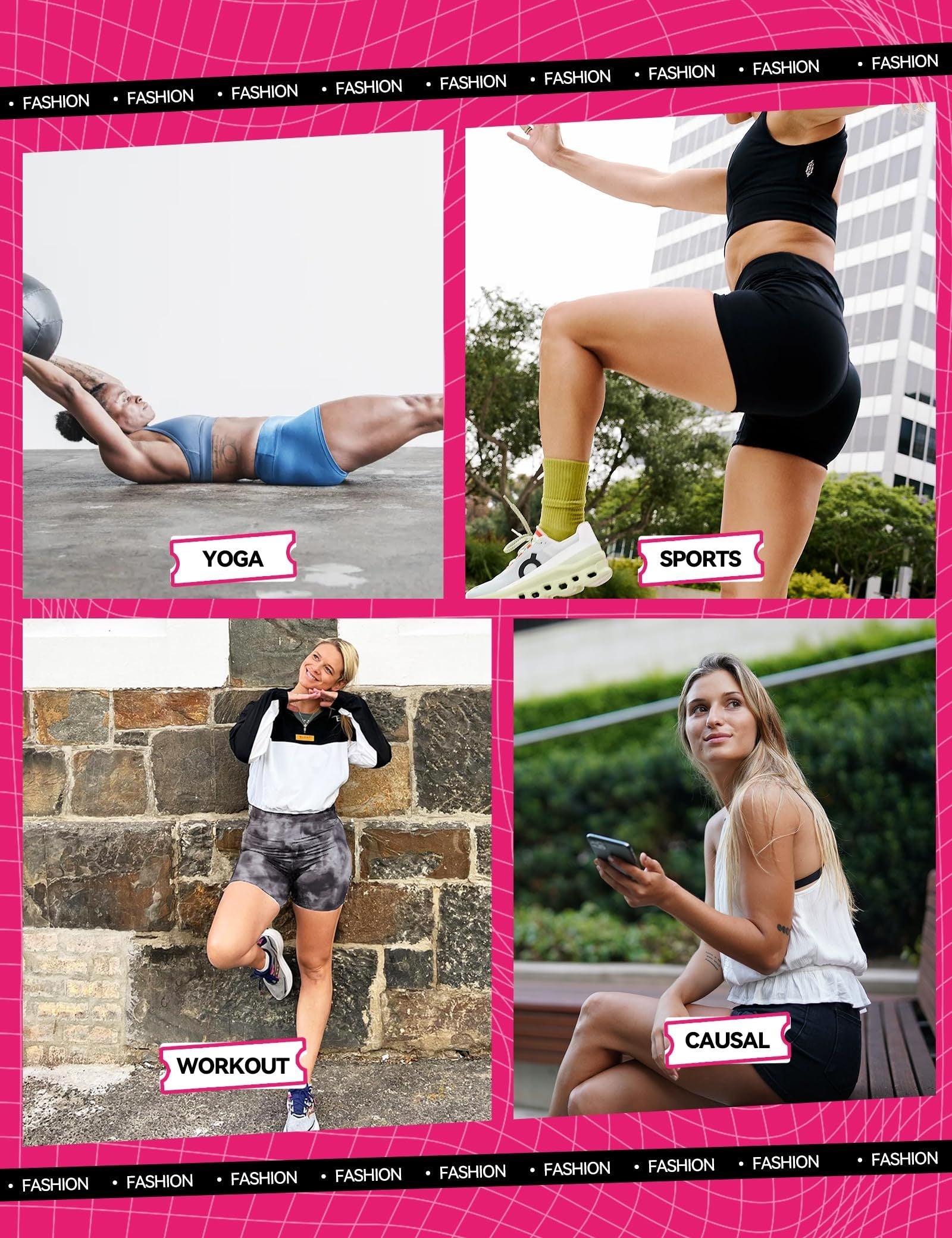 Collage of four women in sportswear labeled Yoga, Sports, Workout, and Casual settings.