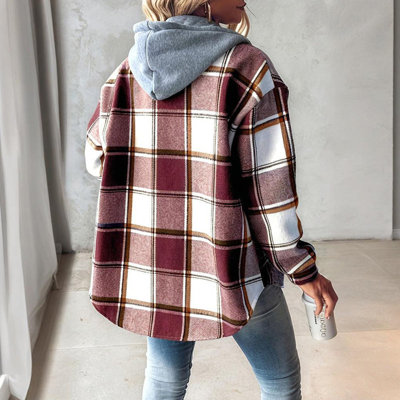 Women's Plaid Hoodie Long Sleeve Jacket With Pocket