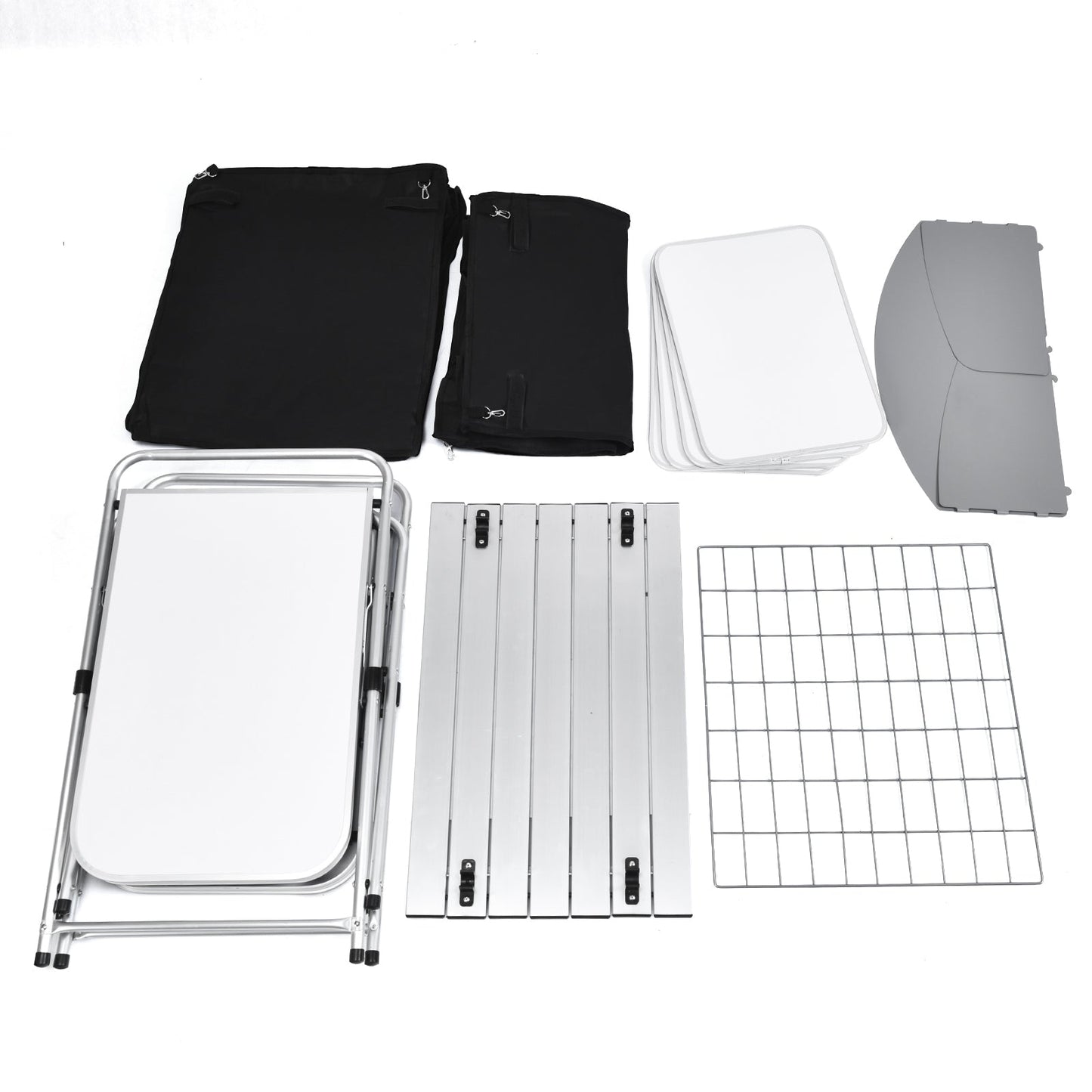 Components of Folding Camping Table with Storage Organizer-Black, including steel frame and storage bag, laid out for outdoor use.