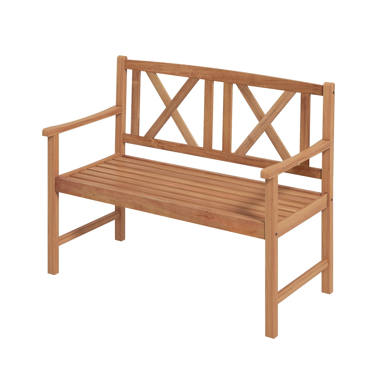 2-Person Wood Outdoor Bench with Cozy Armrest and Backrest, ideal for gardens and patios, made of durable acacia wood.