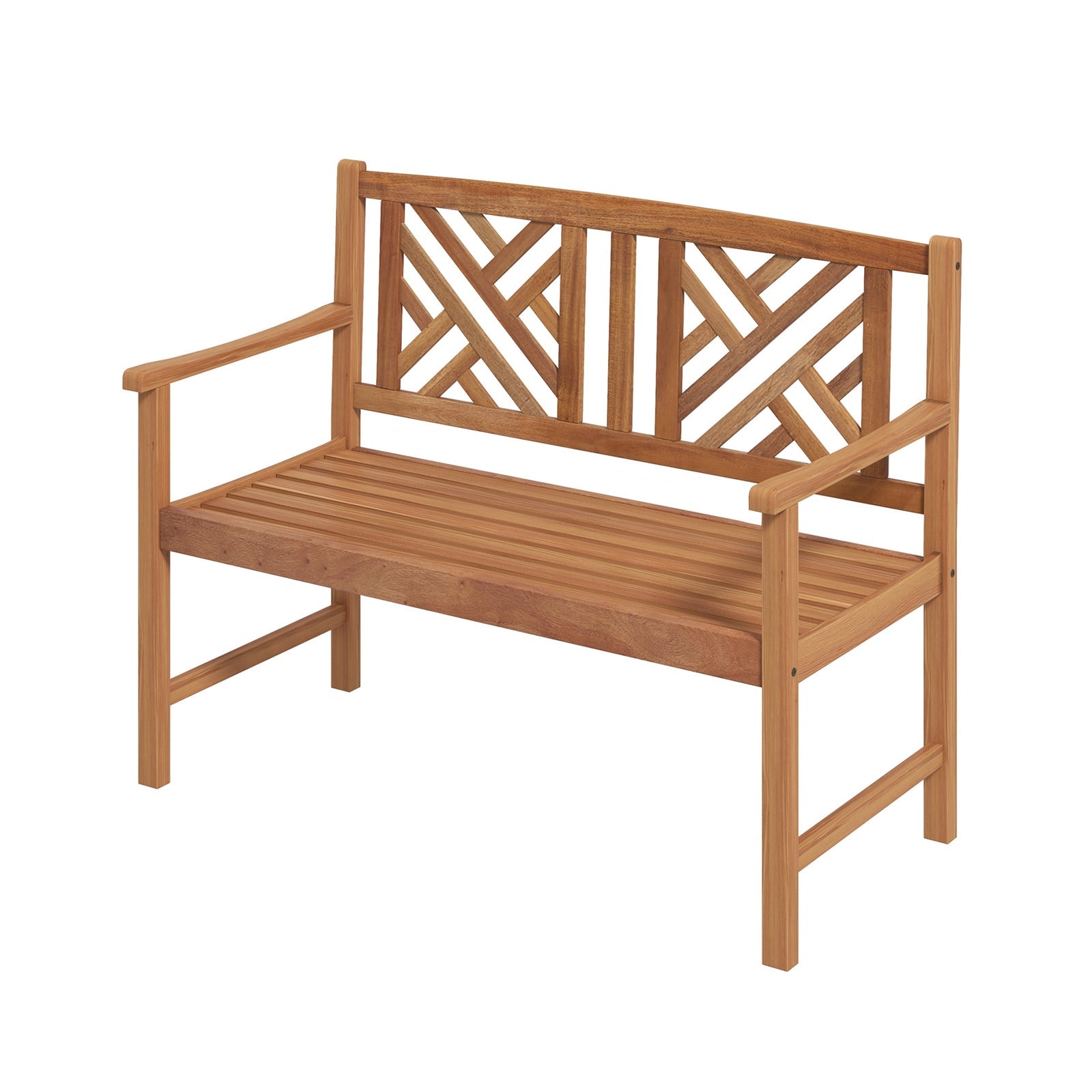 2-Person Wooden Outdoor Bench with Cozy Armrest and Backrest, slatted seat, acacia wood, decorative backrest for garden or patio