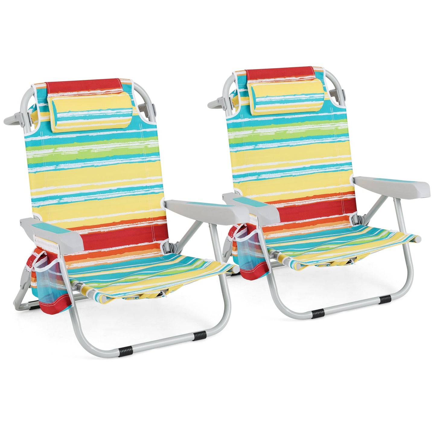 Foldable Backpack Beach Chair with Cup Holder and Storage Pockets Set of 2-Multicolor with adjustable headrest and armrests