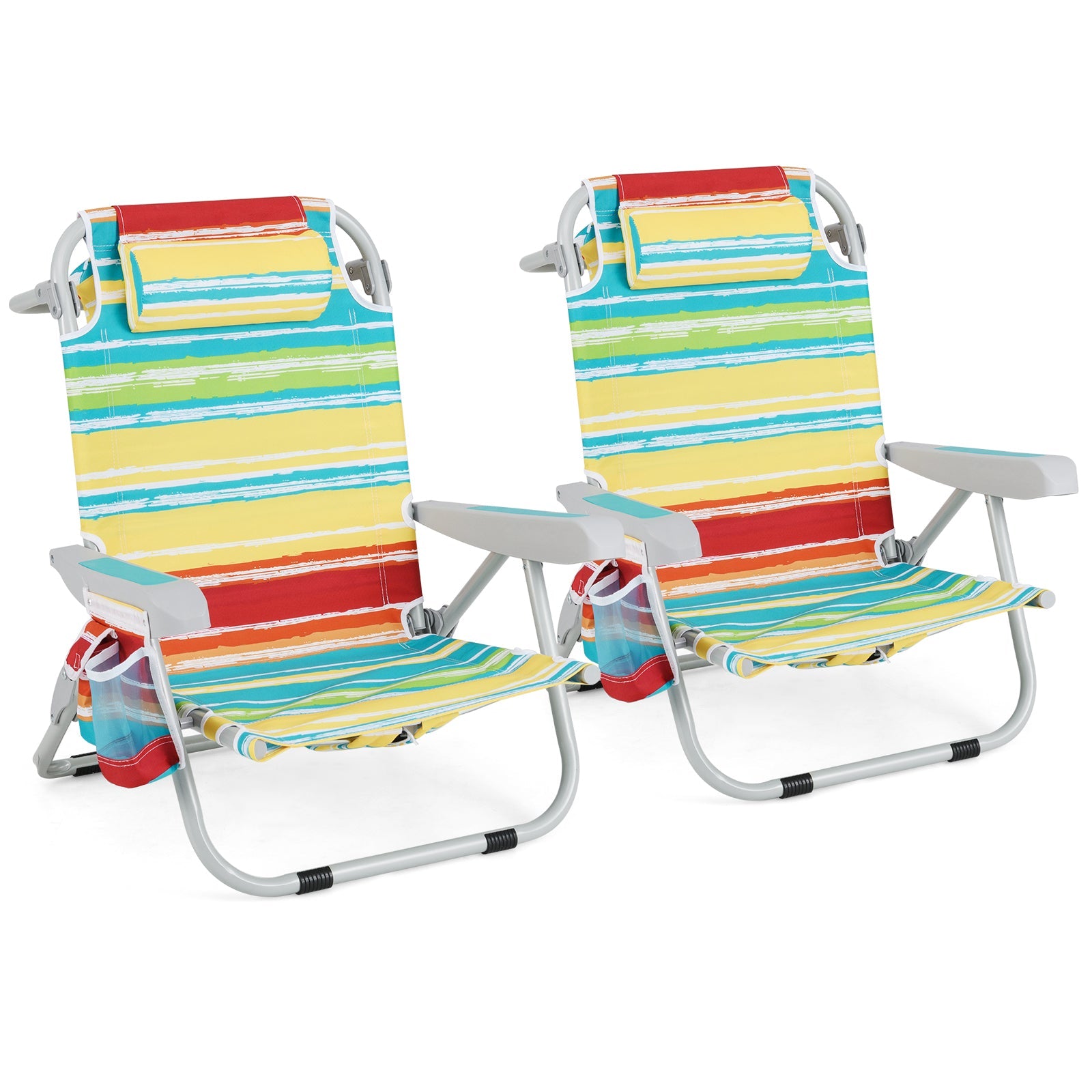 Foldable Backpack Beach Chair with Cup Holder and Storage Pockets Set of 2-Multicolor with adjustable headrest and armrests