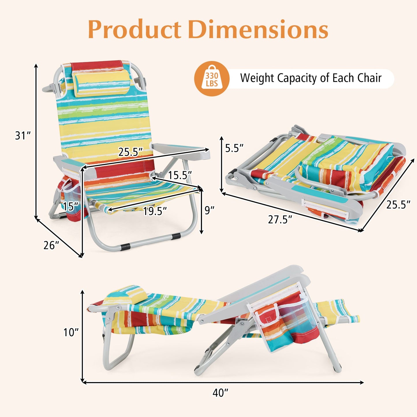 Product dimensions of Foldable Backpack Beach Chair with Cup Holder and Storage Pockets Set of 2-Multicolor, 330 lbs capacity.