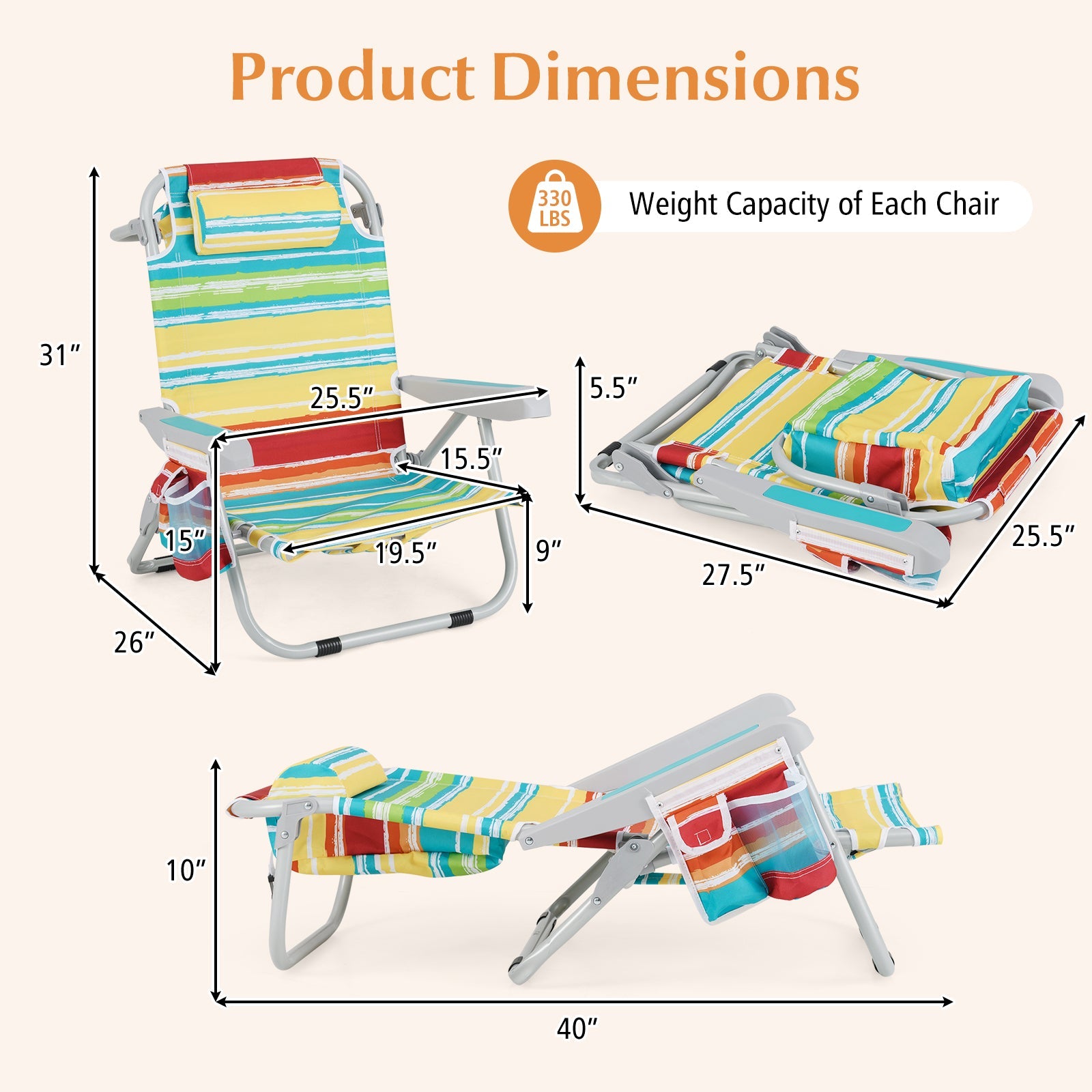 Product dimensions of Foldable Backpack Beach Chair with Cup Holder and Storage Pockets Set of 2-Multicolor, 330 lbs capacity.