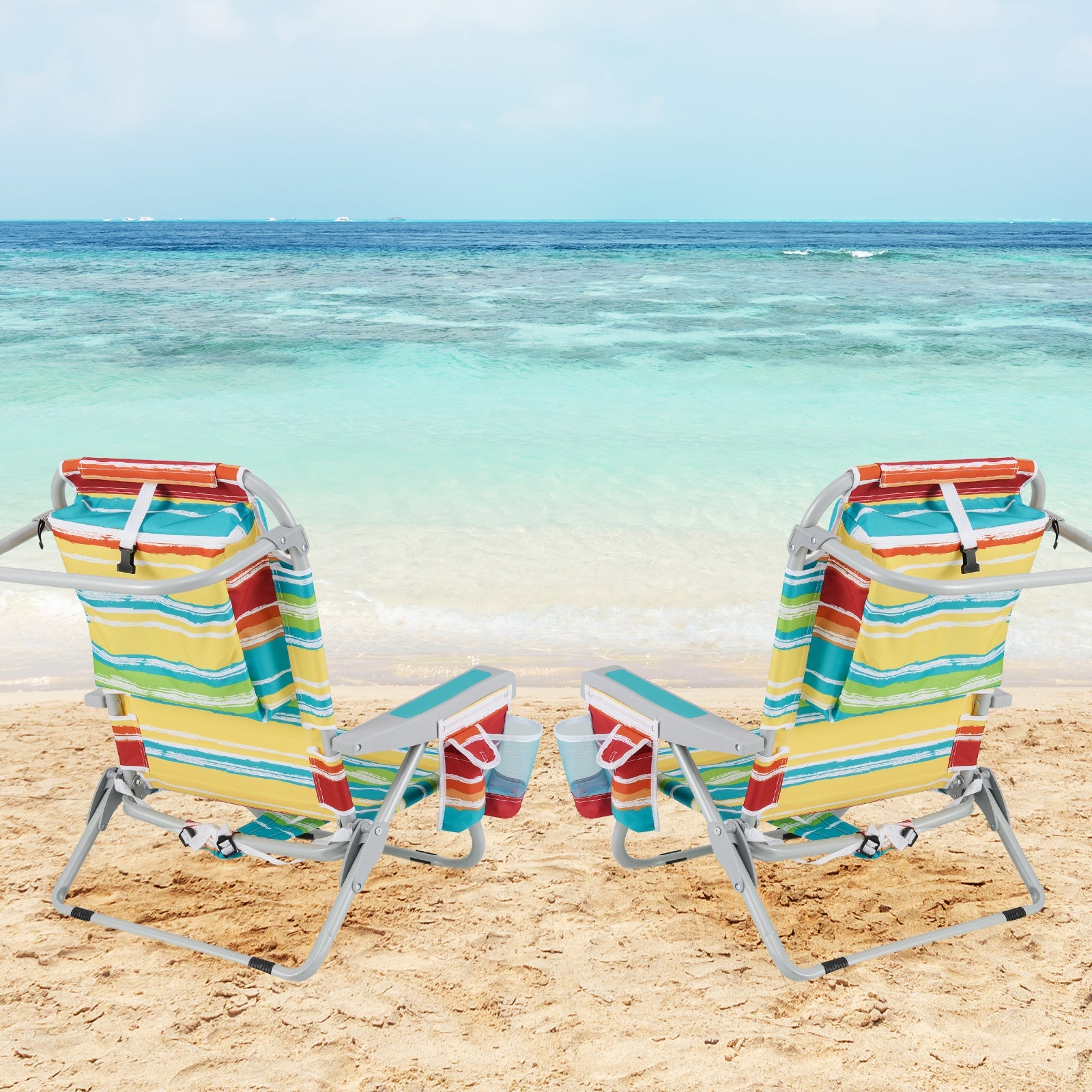 Foldable Backpack Beach Chair with Cup Holder and Storage Pockets Set of 2-Multicolor on a sandy beach with ocean view