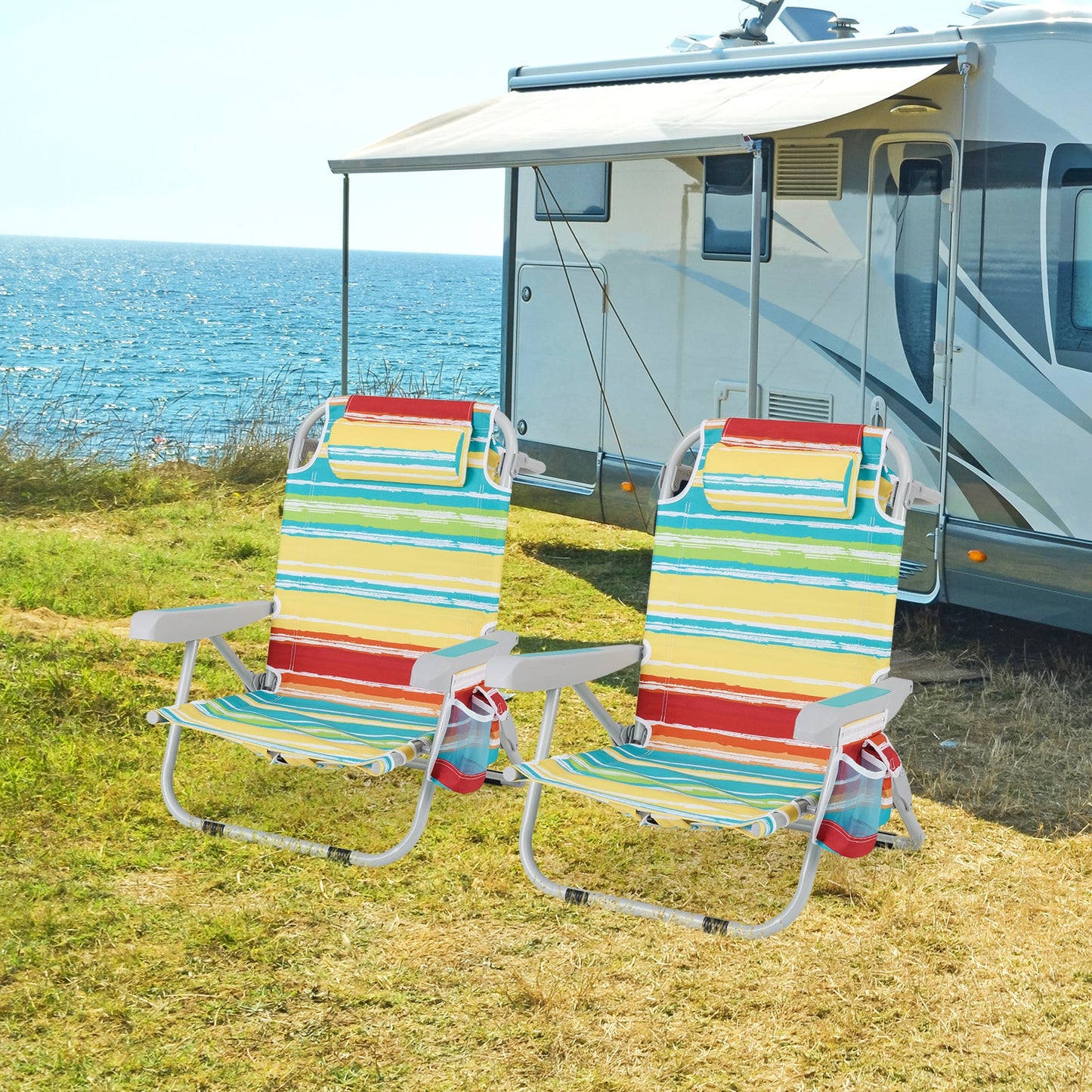 Foldable Backpack Beach Chair with Cup Holder and Storage Pockets Set of 2-Multicolor by the ocean near a camper