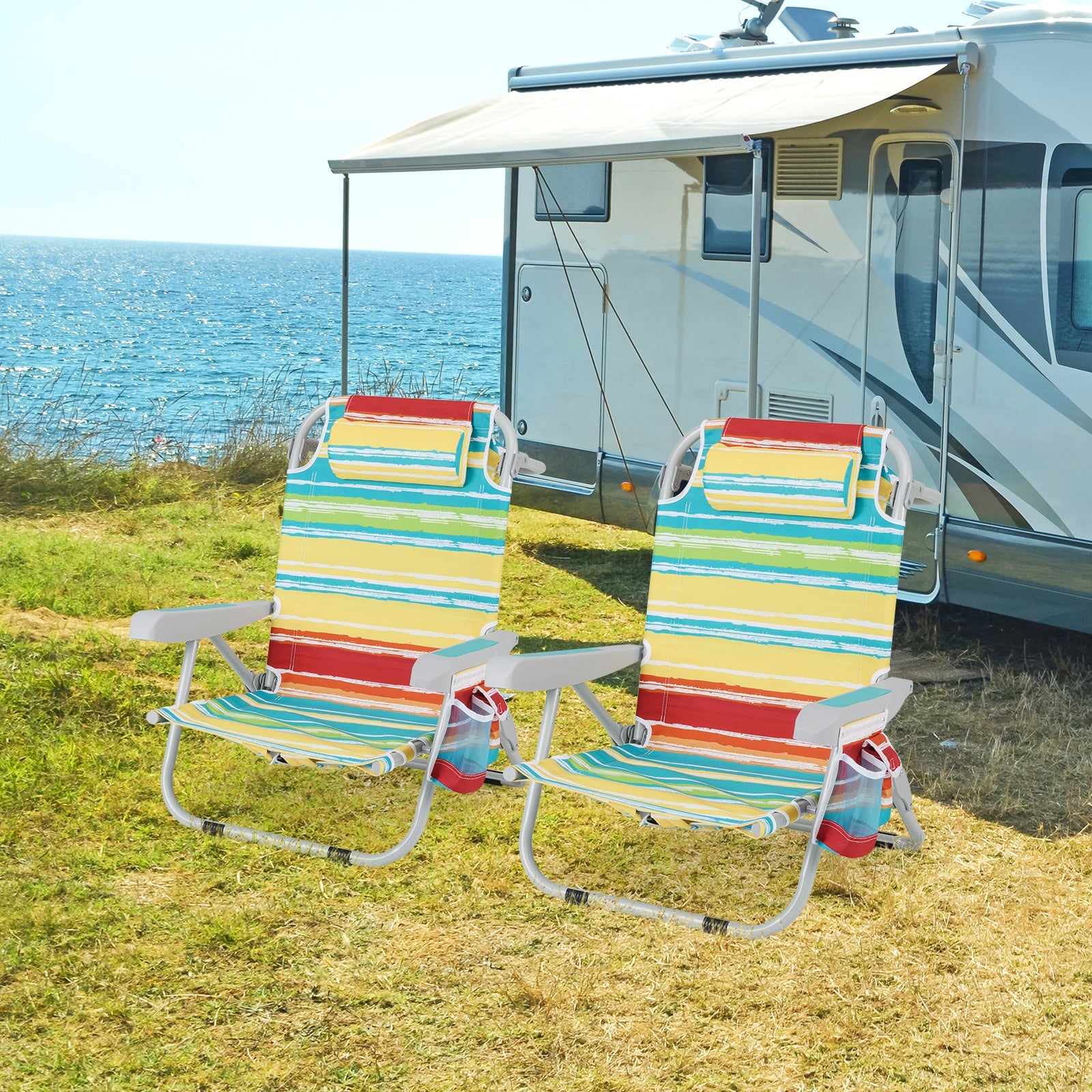Foldable Backpack Beach Chair with Cup Holder and Storage Pockets Set of 2-Multicolor by the ocean near a camper