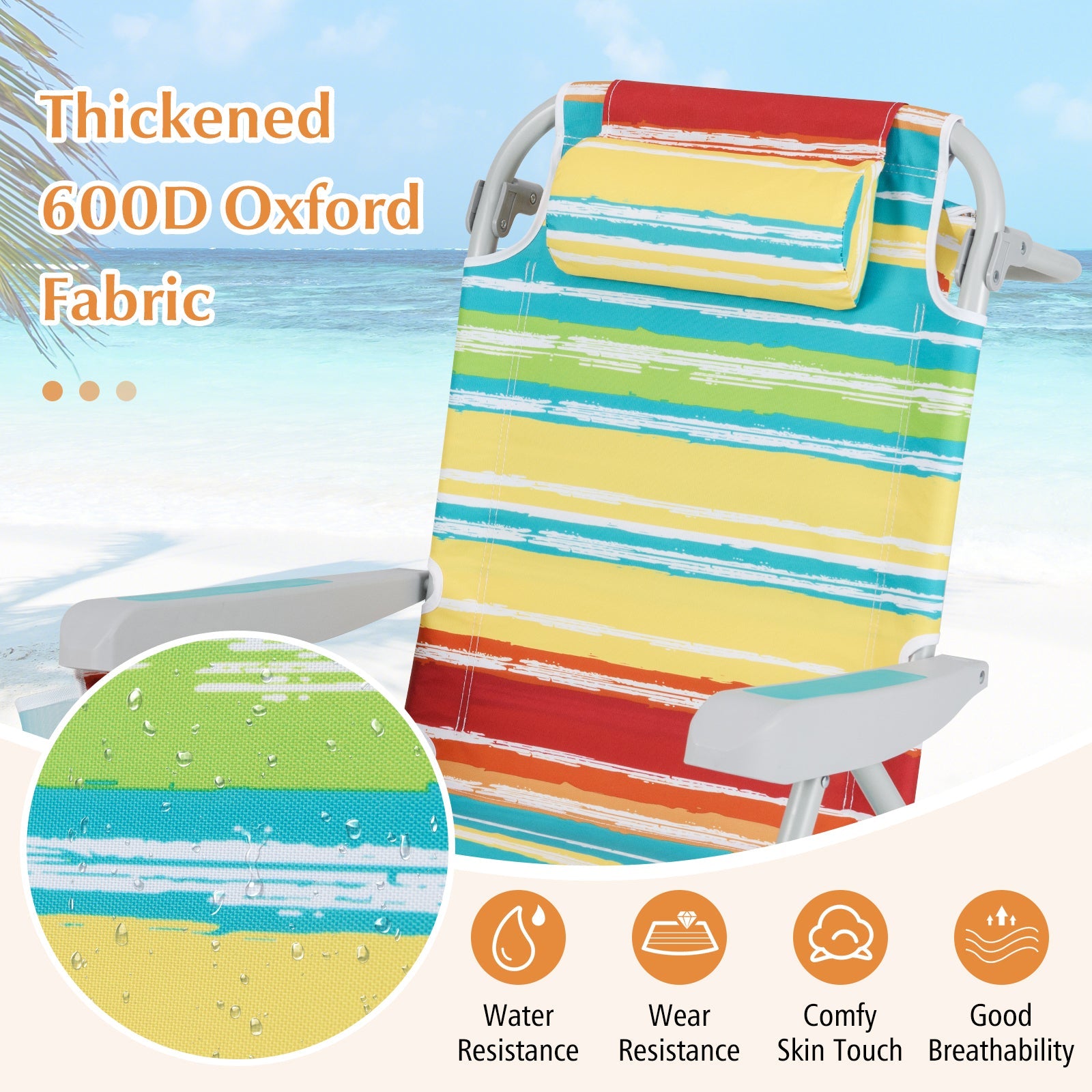 Foldable Backpack Beach Chair with Cup Holder and Storage Pockets Set of 2-Multicolor made with thickened 600D Oxford fabric