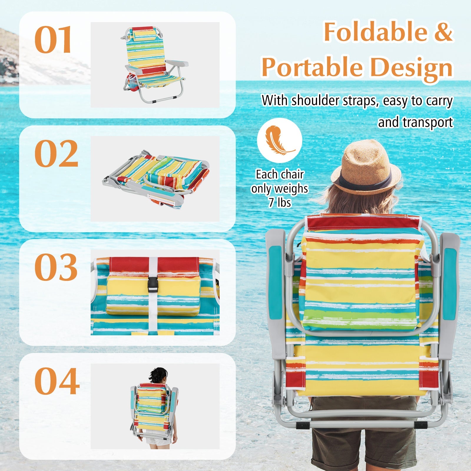 Foldable Backpack Beach Chair with Cup Holder and Storage Pockets Set of 2-Multicolor shown with features like portability and design.