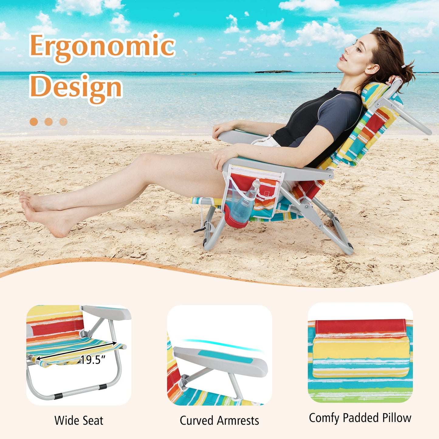 Relaxing on Foldable Backpack Beach Chair with Cup Holder and Storage Pockets Set of 2-Multicolor on beach
