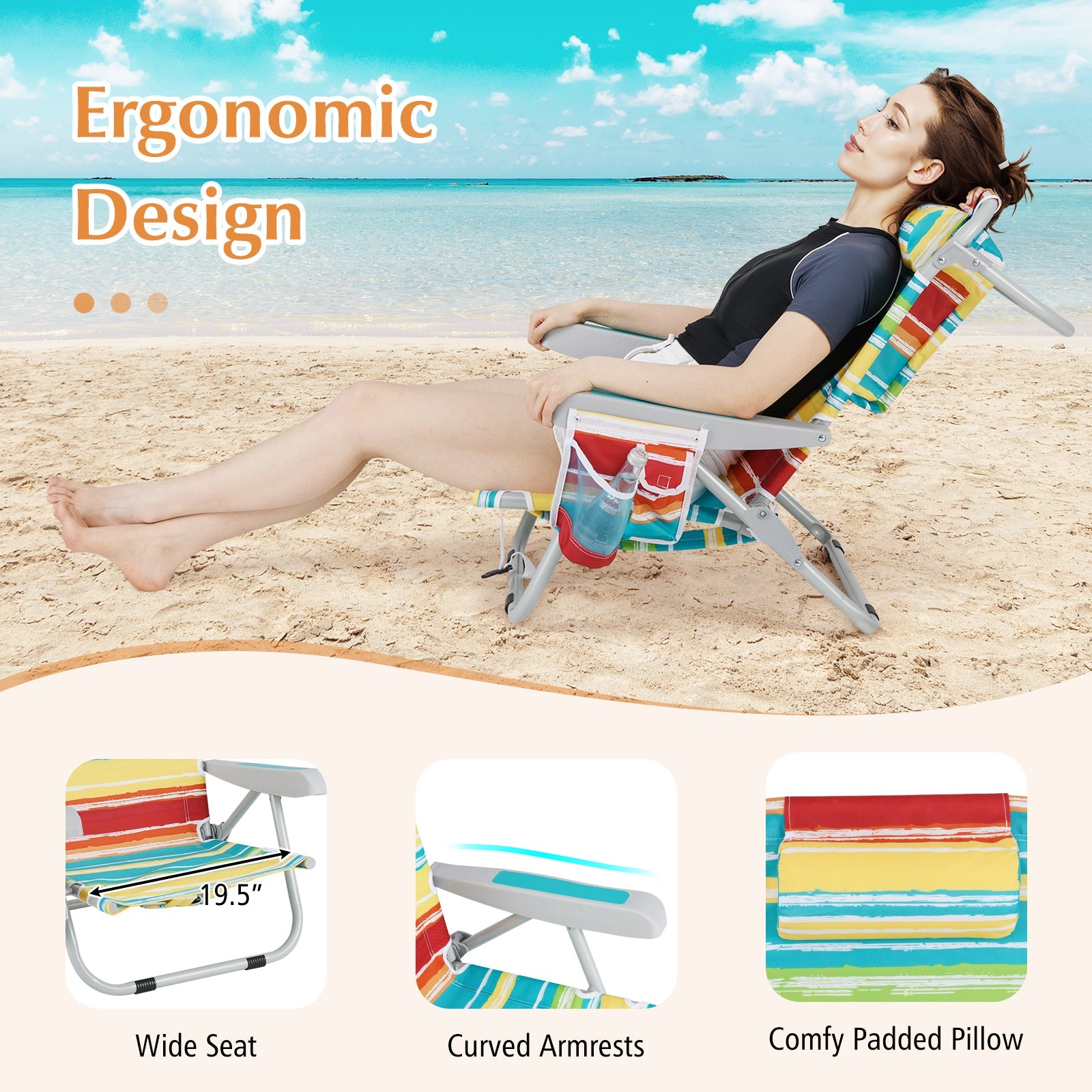 Relaxing on Foldable Backpack Beach Chair with Cup Holder and Storage Pockets Set of 2-Multicolor on beach