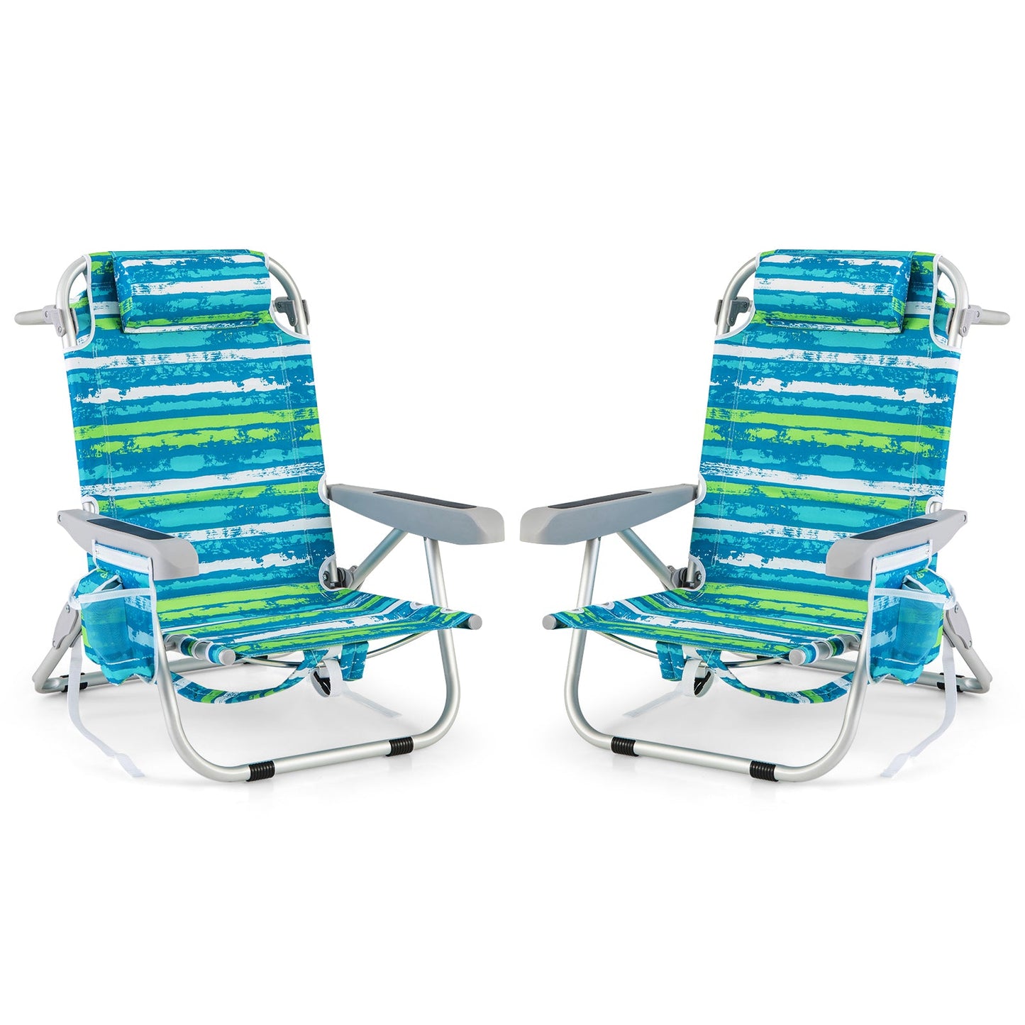 Foldable Backpack Beach Chair with Cup Holder and Storage Pockets Set of 2