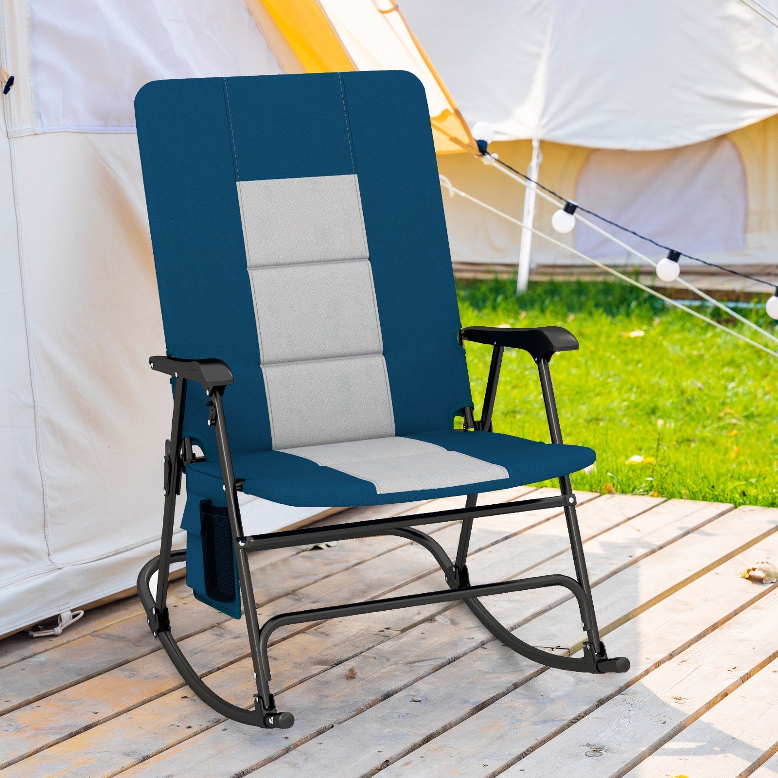 Foldable Rocking Padded Portable Camping Chair with Backrest and Armrest -Blue on wooden deck with tent background