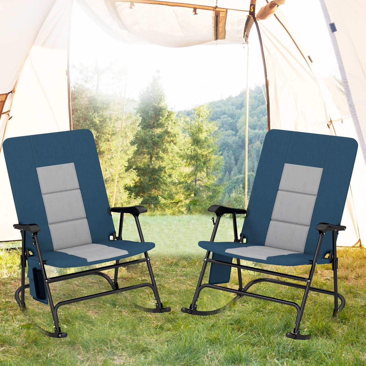 Foldable Rocking Padded Portable Camping Chair with Backrest and Armrest -Blue, extra-wide seat, sturdy metal frame, outdoor use