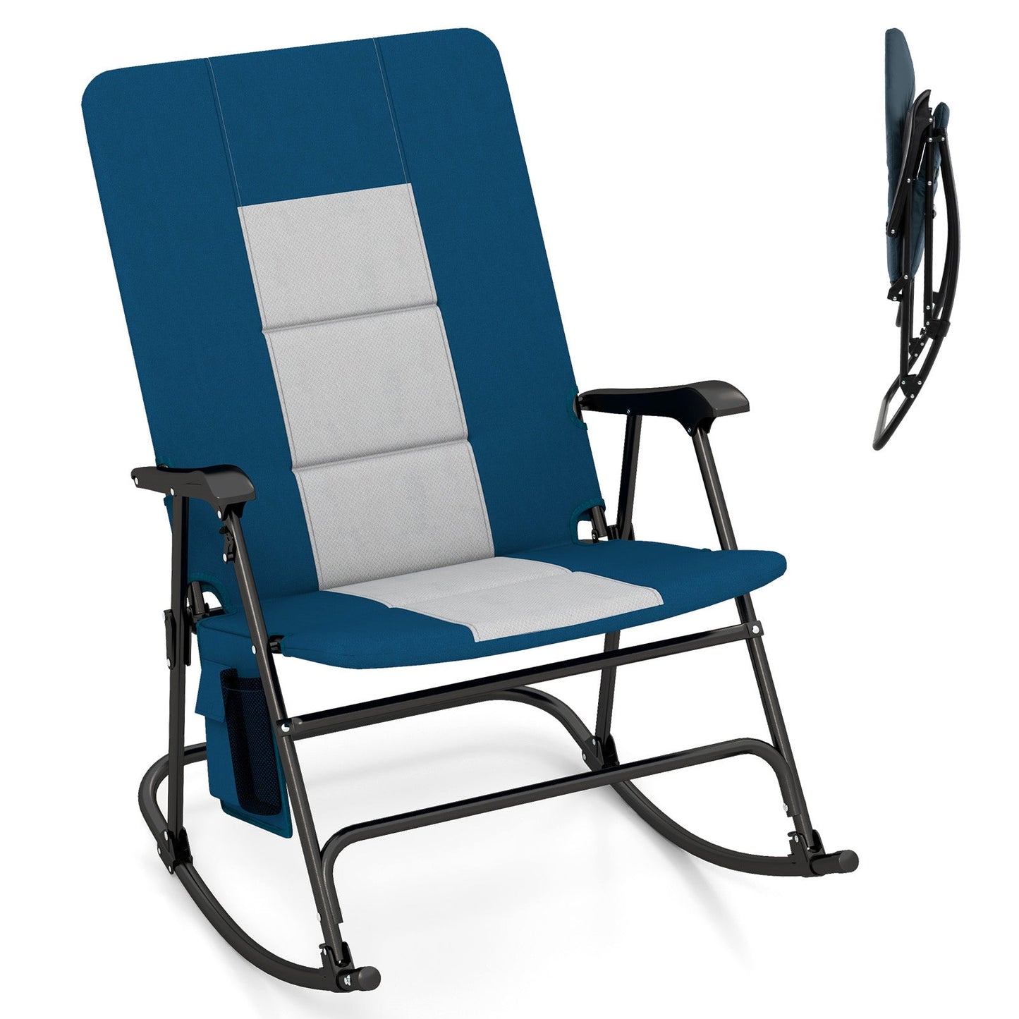 Foldable Rocking Padded Portable Camping Chair with Backrest and Armrest -Blue, extra-wide seat, sturdy metal frame