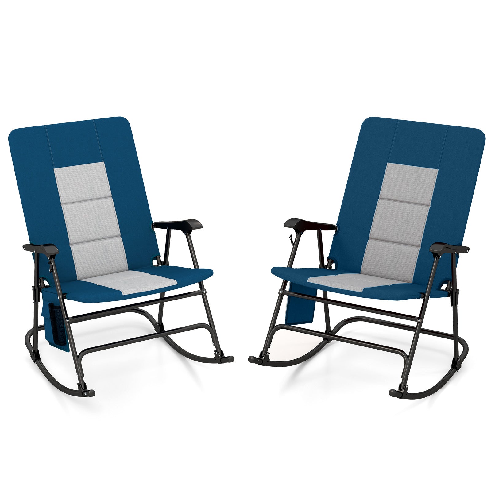 Foldable Rocking Padded Portable Camping Chair with Backrest and Armrest -Blue, featuring a wide seat and sturdy metal frame