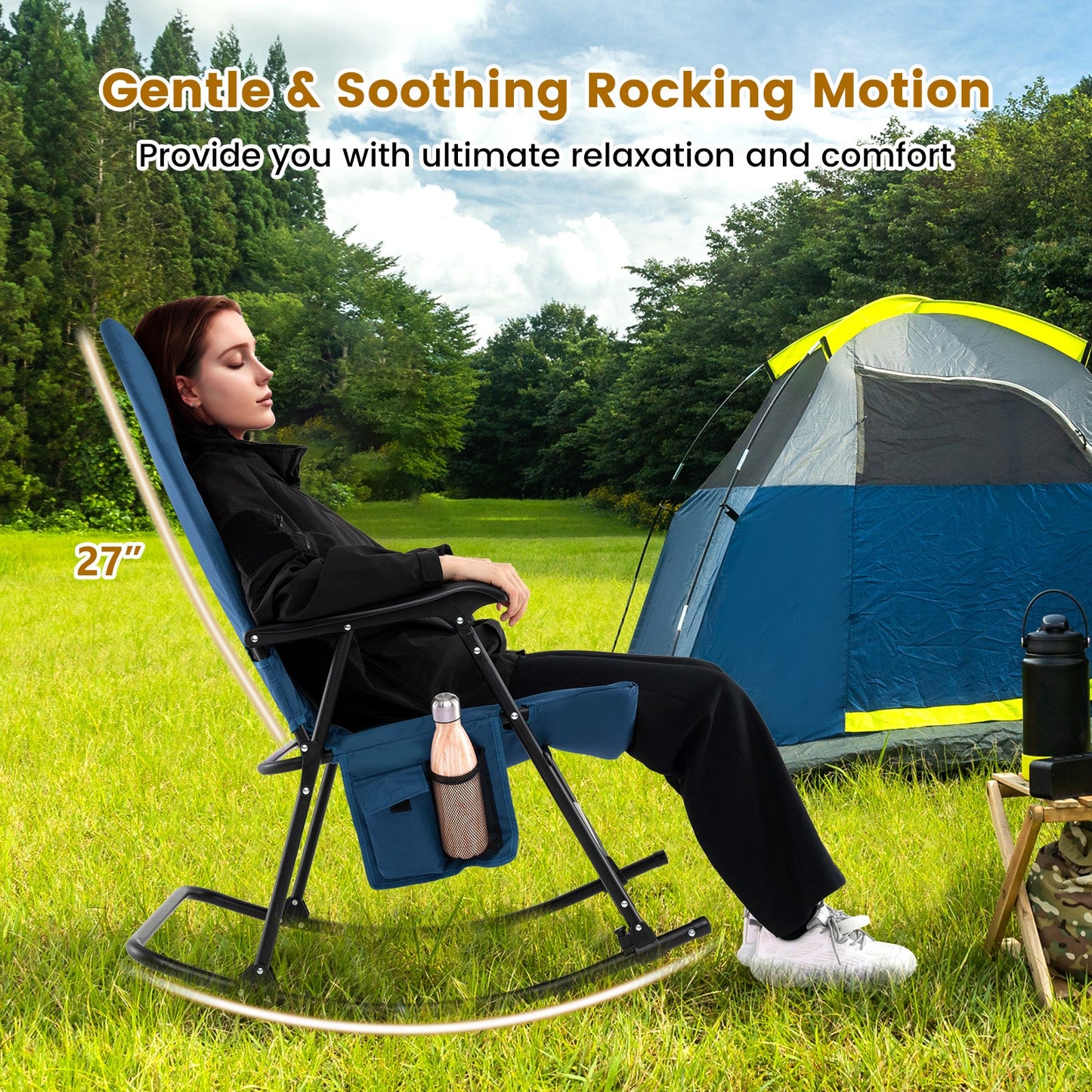 Woman relaxing in Foldable Rocking Padded Portable Camping Chair with Backrest and Armrest -Blue next to a tent in nature.