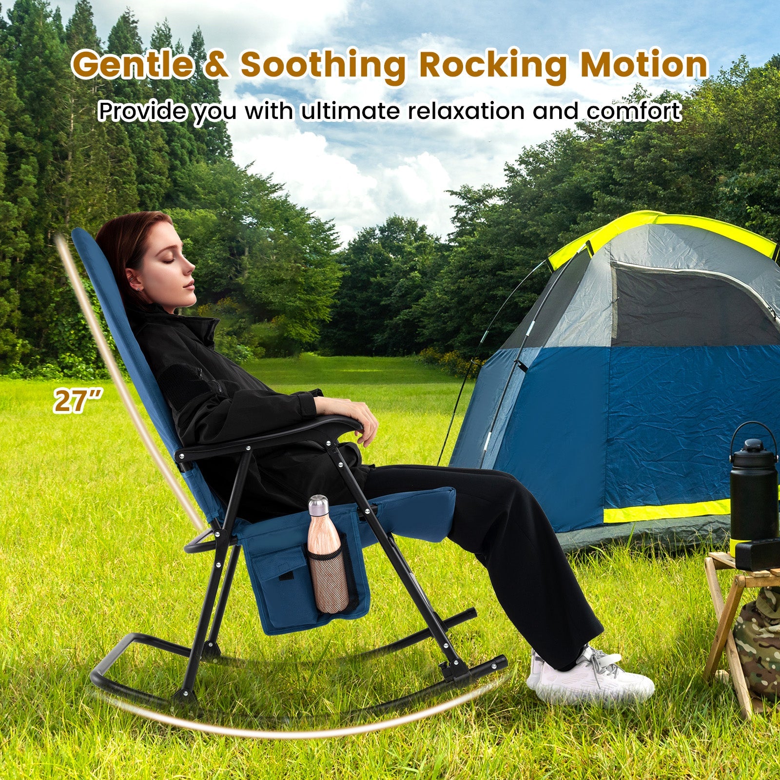 Woman relaxing in Foldable Rocking Padded Portable Camping Chair with Backrest and Armrest -Blue next to a tent in nature.