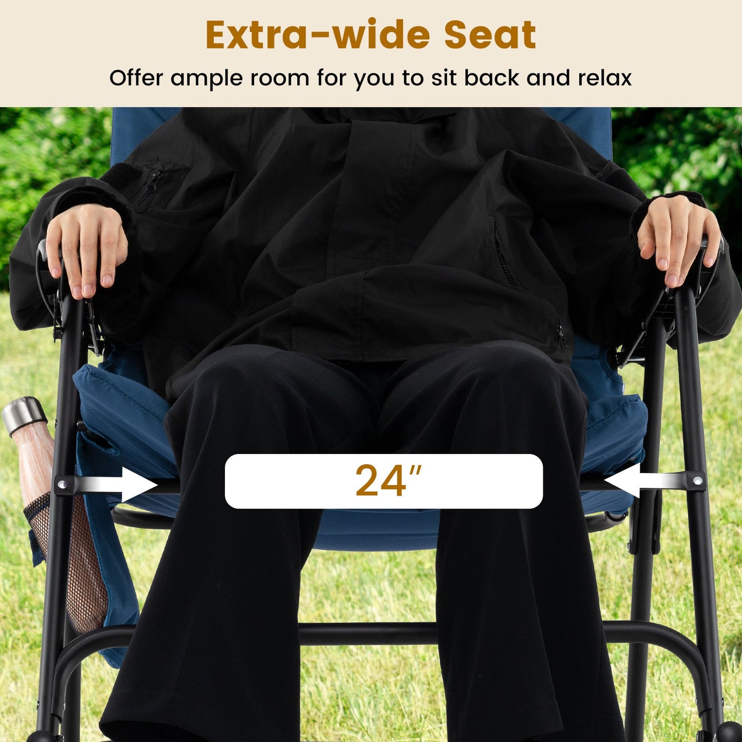 Foldable Rocking Padded Portable Camping Chair with Backrest and Armrest -Blue, 24" extra-wide seat shown with person seated.
