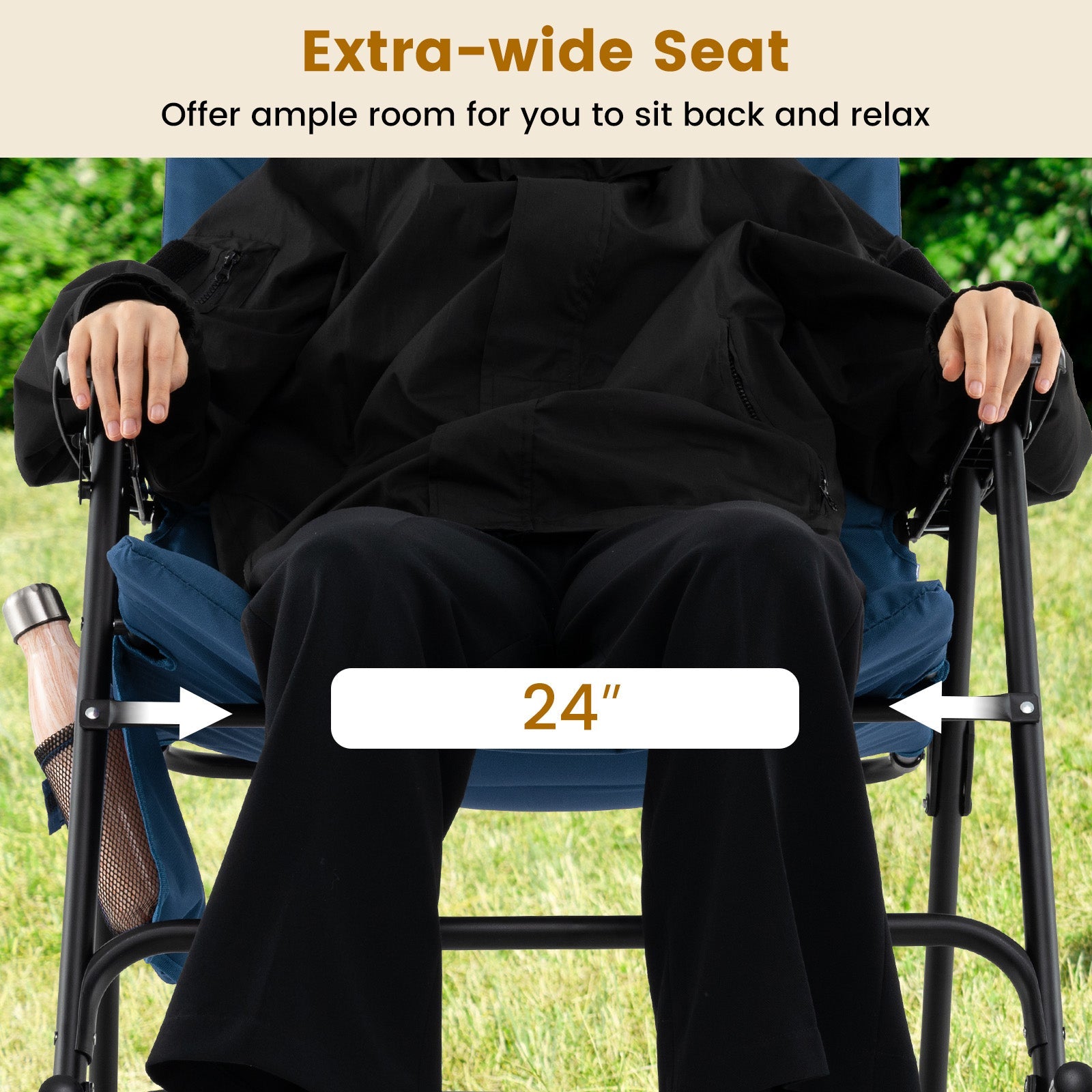 Foldable Rocking Padded Portable Camping Chair with Backrest and Armrest -Blue, 24" extra-wide seat shown with person seated.