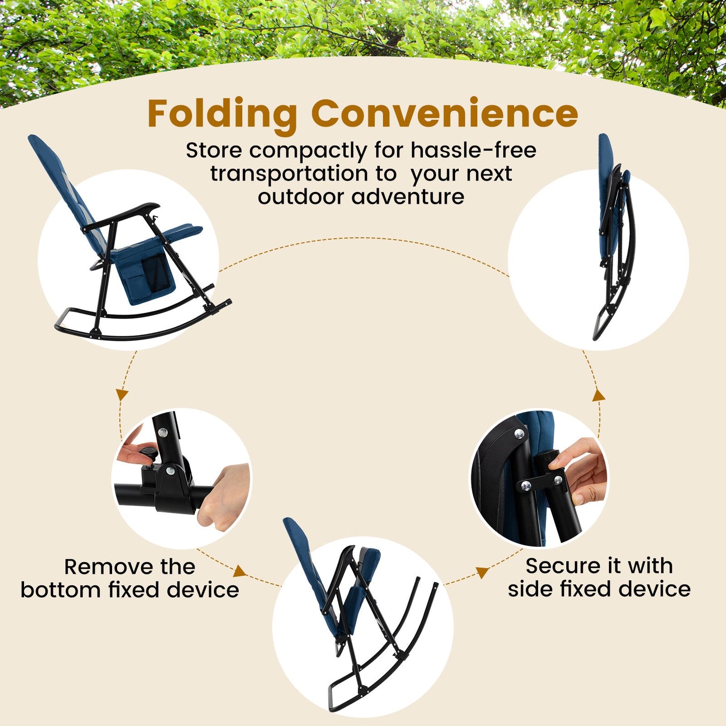 Folding diagram of Foldable Rocking Padded Portable Camping Chair with Backrest and Armrest -Blue showing easy storage