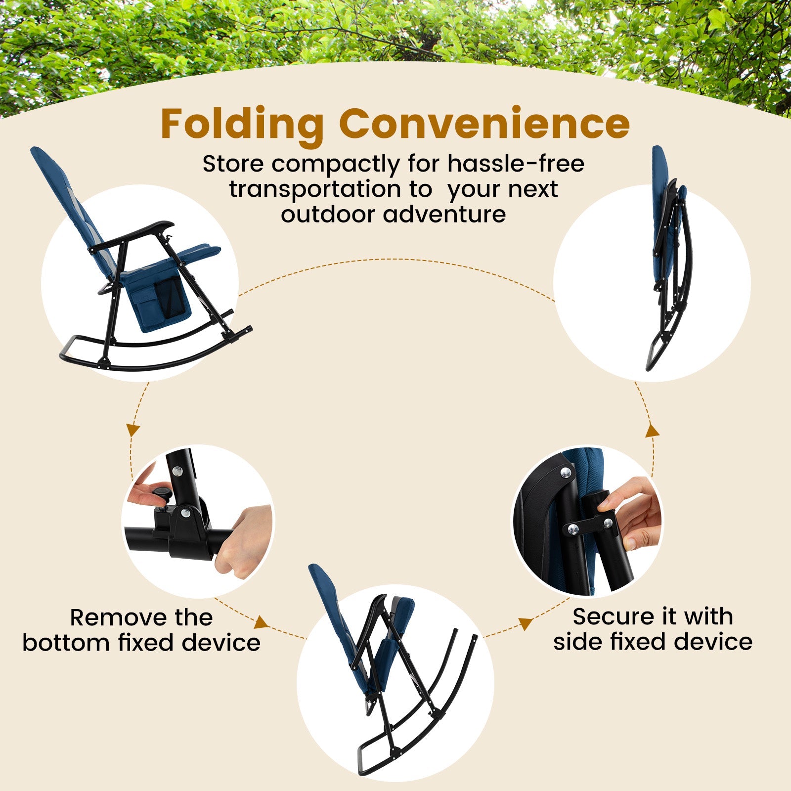 Folding diagram of Foldable Rocking Padded Portable Camping Chair with Backrest and Armrest -Blue showing easy storage