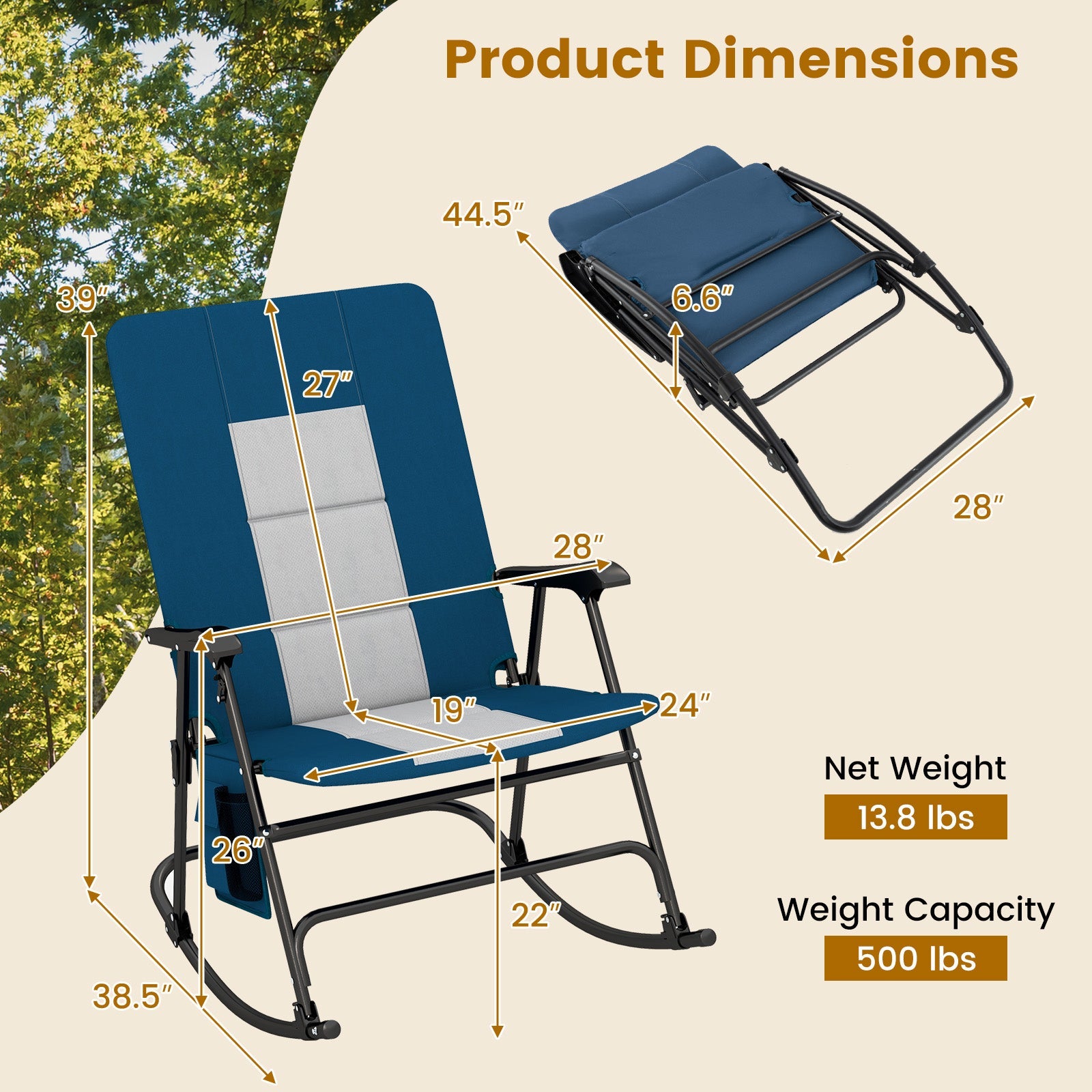 Foldable Rocking Padded Portable Camping Chair with Backrest and Armrest -Blue showing product dimensions and weight capacity.