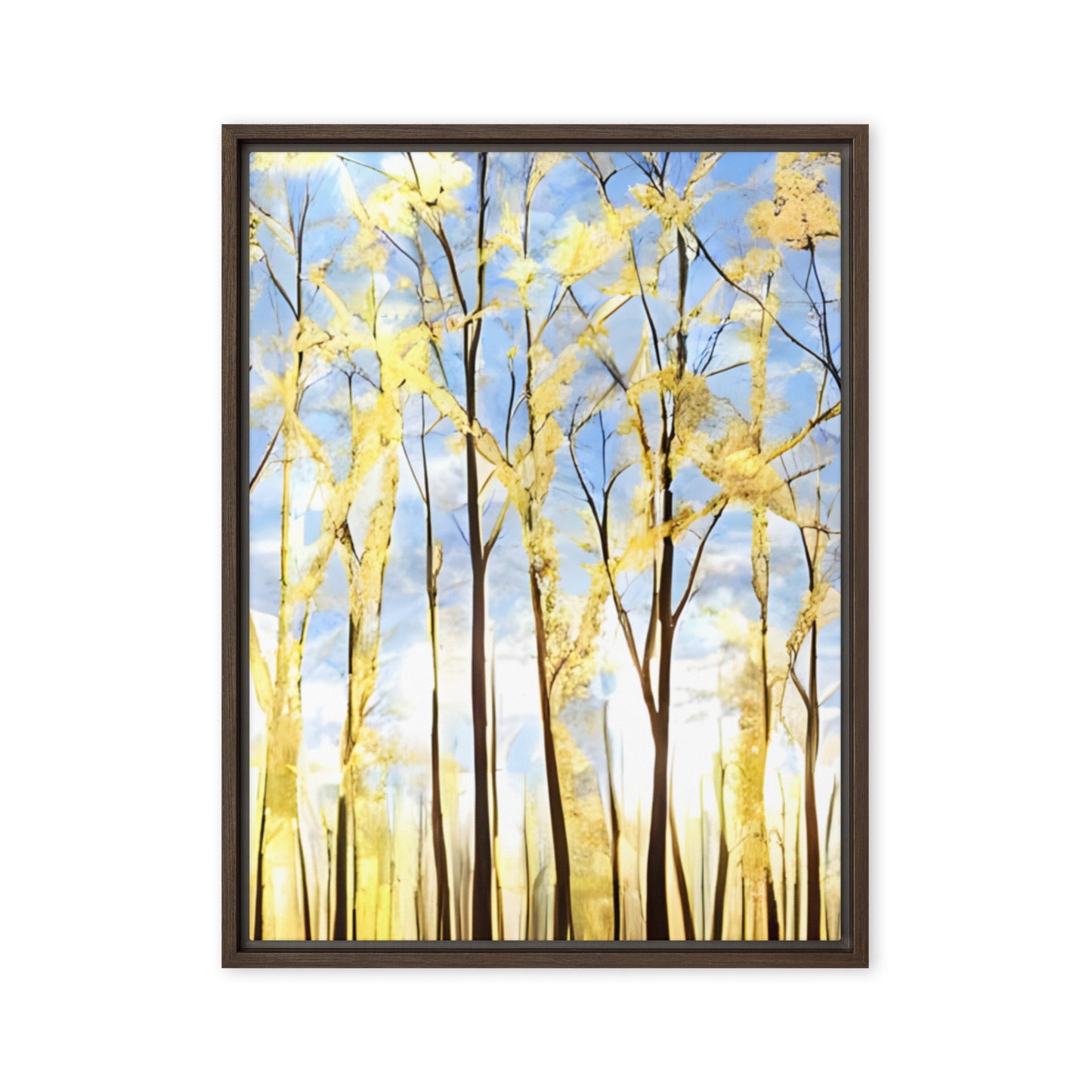 Golden Forest canvas print with serene golden trees, blue sky, and birds, perfect for adding tranquility to home or office decor.