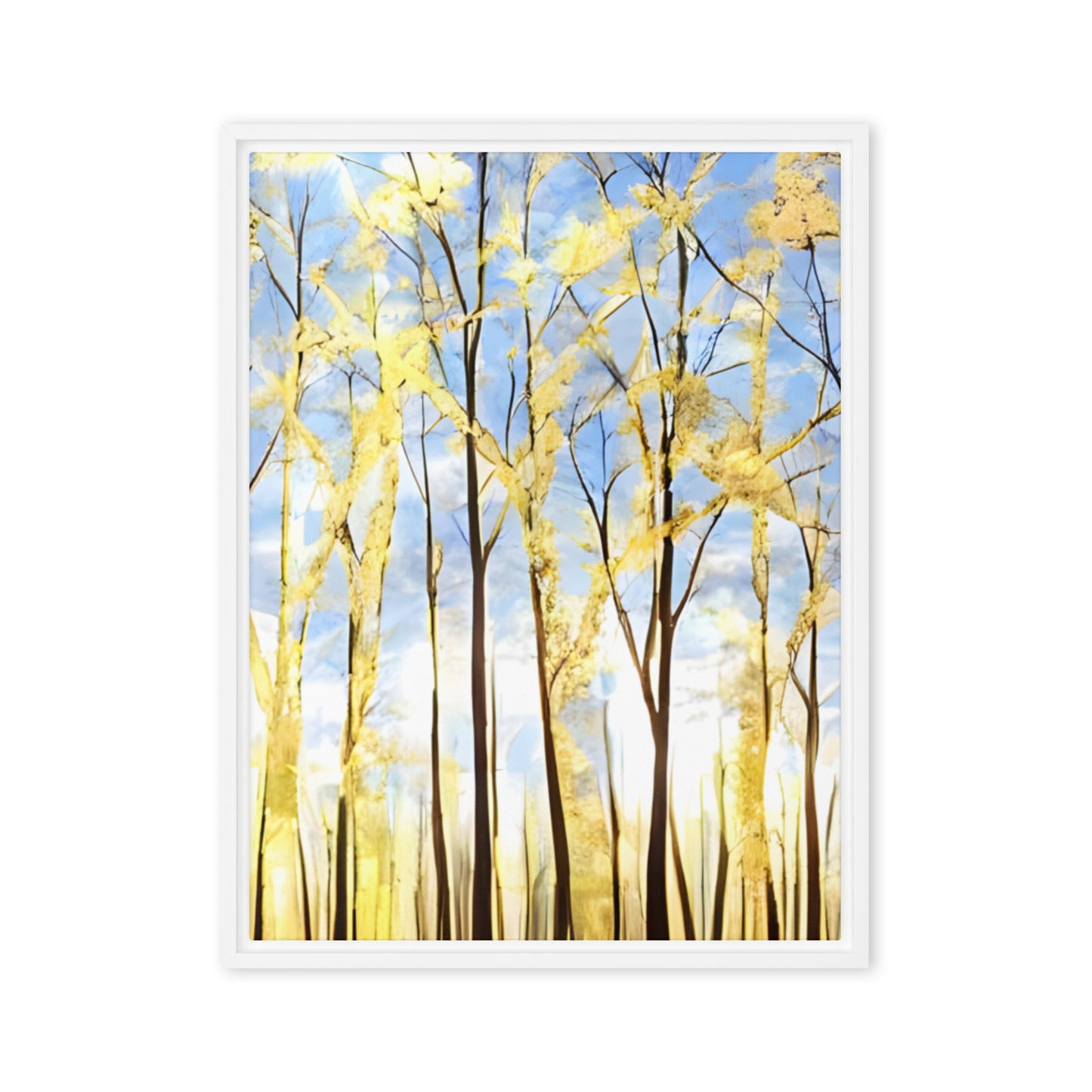 Golden Forest canvas print featuring serene golden trees and blue sky with birds, perfect for home or office decor.