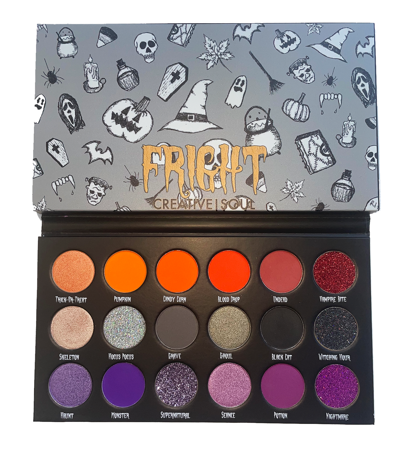 FRIGHT Eyeshadow Palette with 18 vibrant Halloween shades in purples, reds, oranges, and grays, including soft mattes and sparkly finishes.