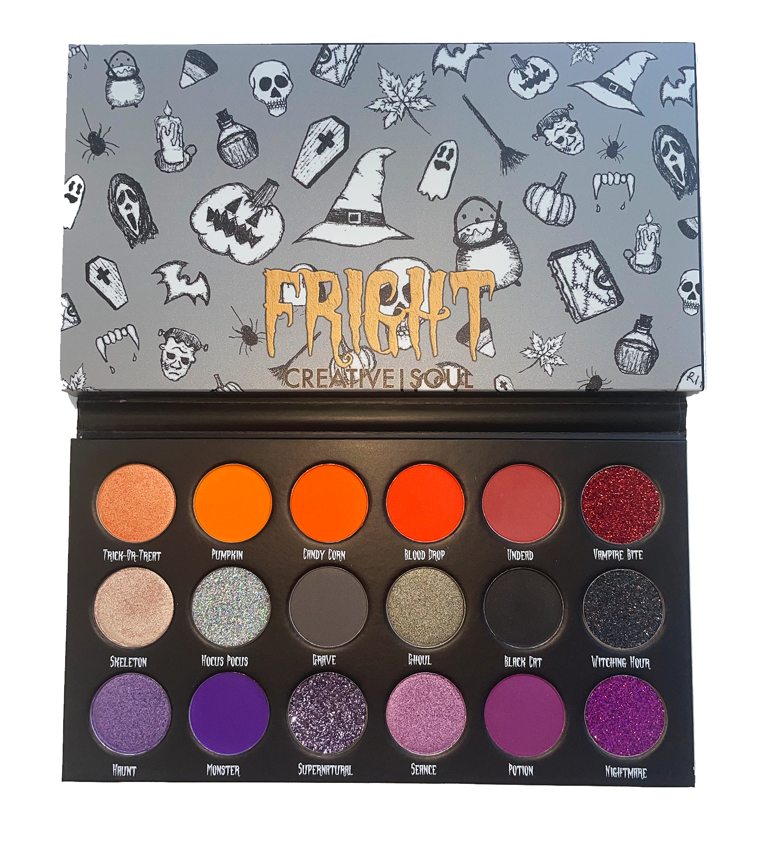 FRIGHT Eyeshadow Palette with 18 vibrant Halloween shades in purples, reds, oranges, and grays, including soft mattes and sparkly finishes.