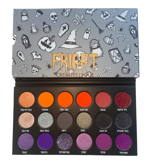 FRIGHT Eyeshadow Palette with 18 vibrant Halloween shades in purples, reds, oranges, and grays, including soft mattes and sparkly finishes.